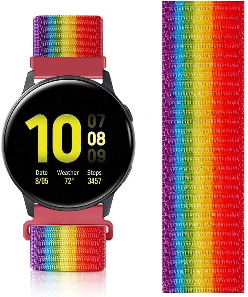 Nylon Strap, rainbow, on a watch, 3/4 front view