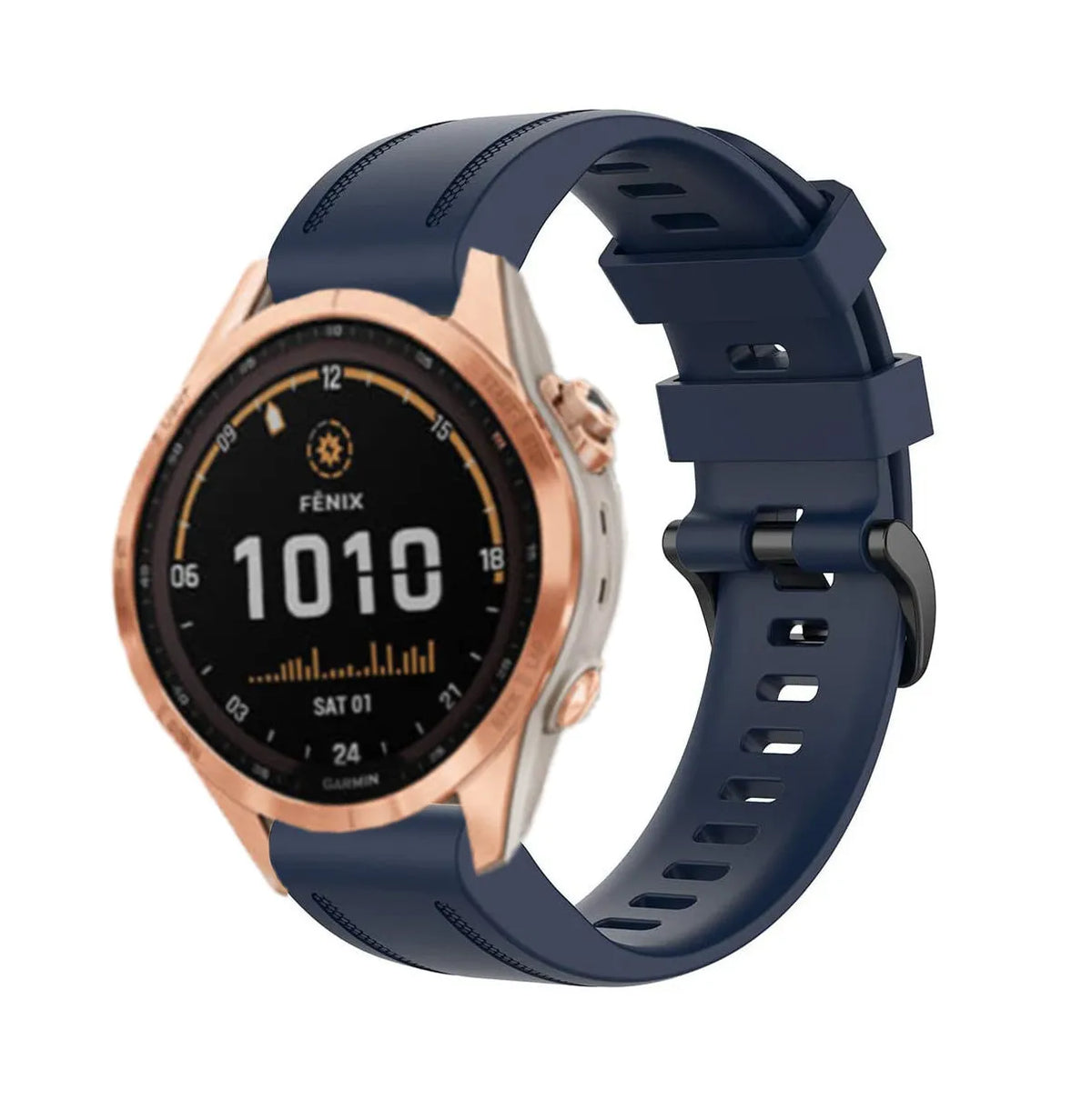 Silicone Strap, dark blue, on a watch, 3/4 front view