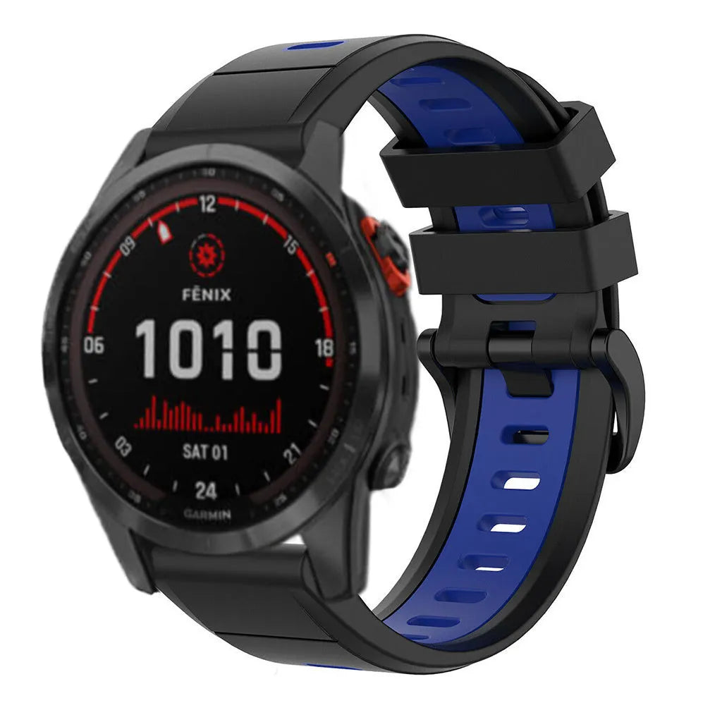Silicone Sport Buckle Strap, black/blue, on a watch, 3/4 front view