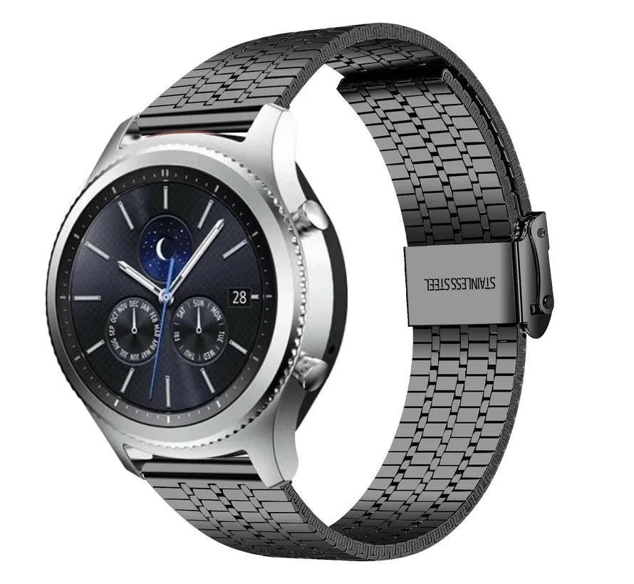 Fine Steel Strap, black, on a watch, 3/4 front view