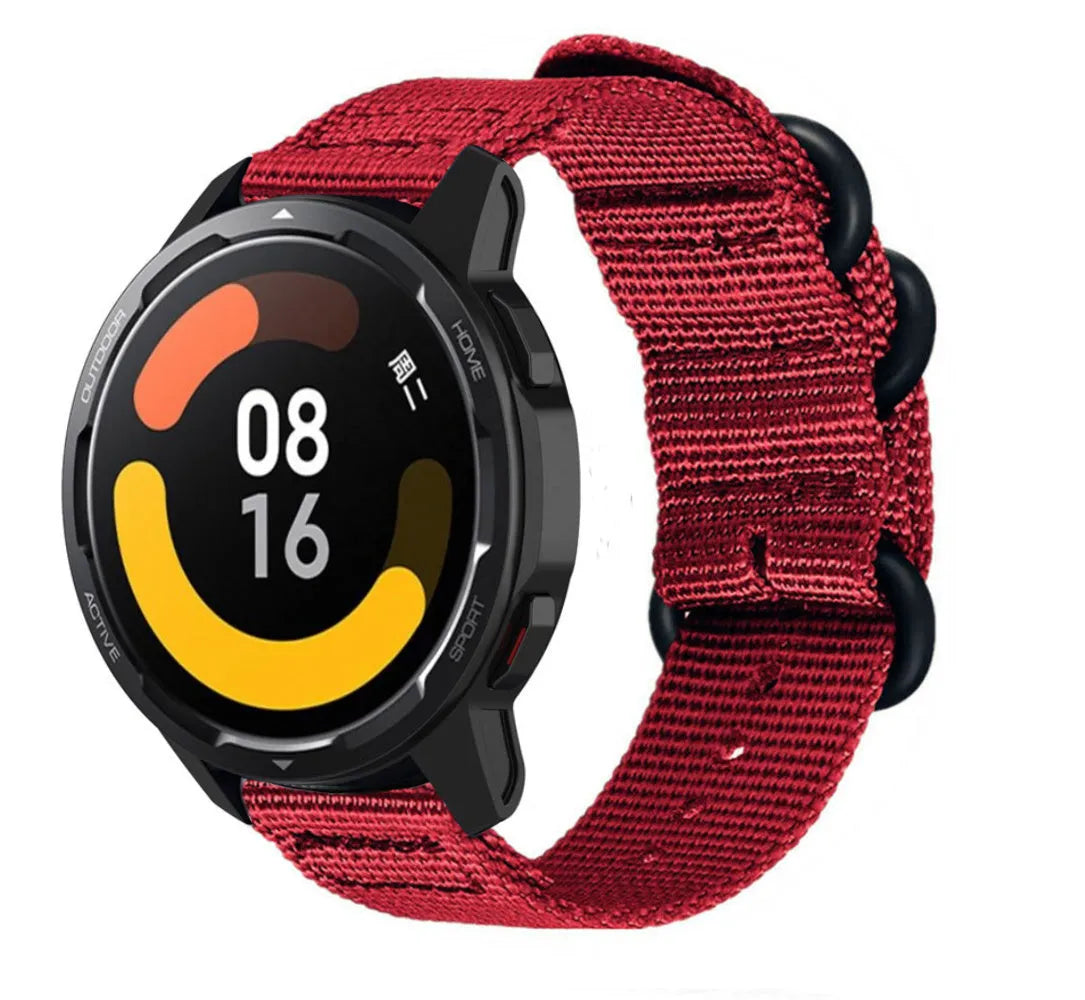 Nylon Buckle Strap, red, on a watch, 3/4 front view