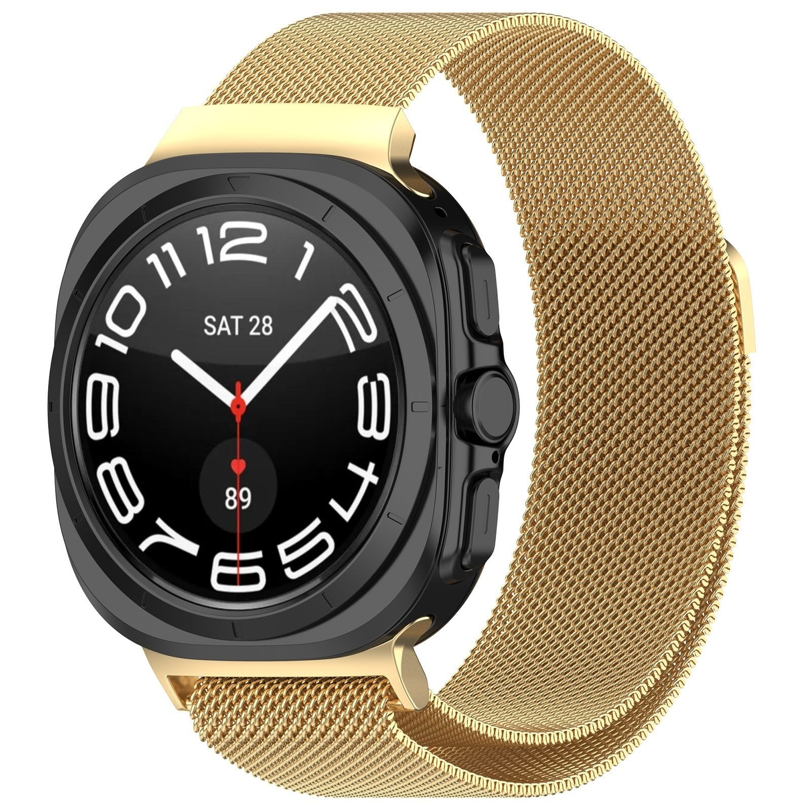 Milanese Strap, gold, on a watch, 3/4 front view
