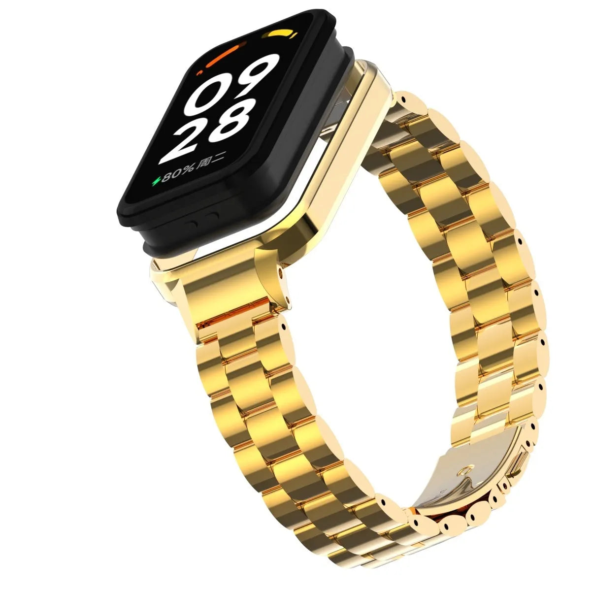 Steel Strap, gold, on a watch, 3/4 front view