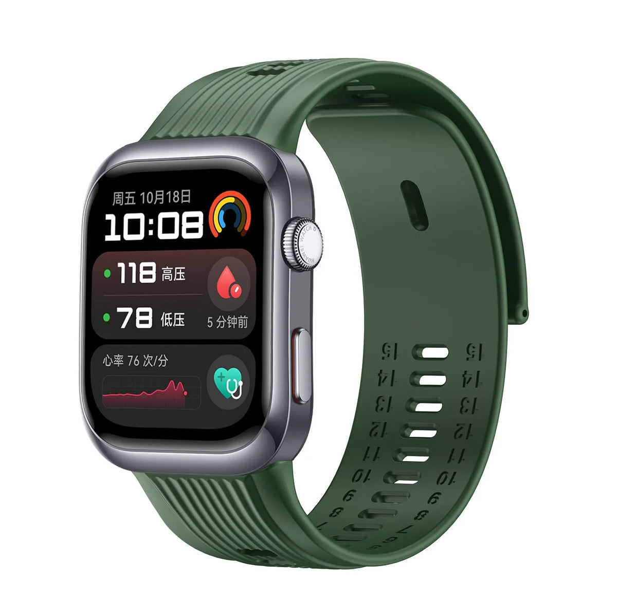 Silicone Strap, green, on a watch, 3/4 front view