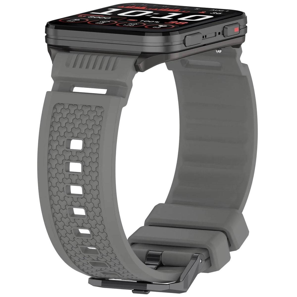 Silicone Strap, grey, on a watch, 3/4 front view