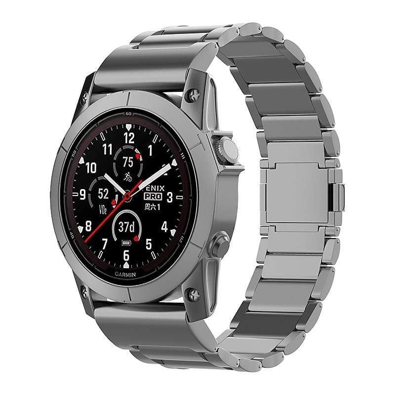 Magnetic Titanium Strap, graphite, on a watch, 3/4 front view