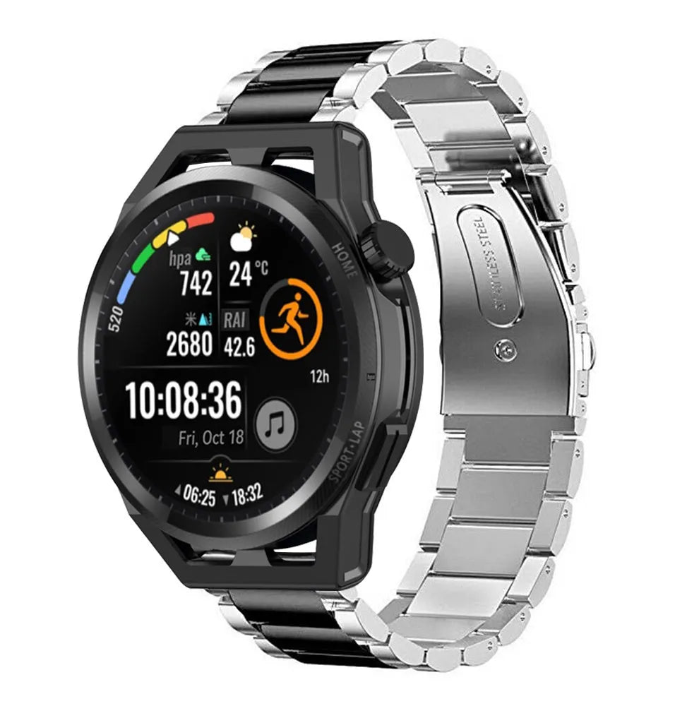 Steel Strap, silver/black, on a watch, 3/4 front view