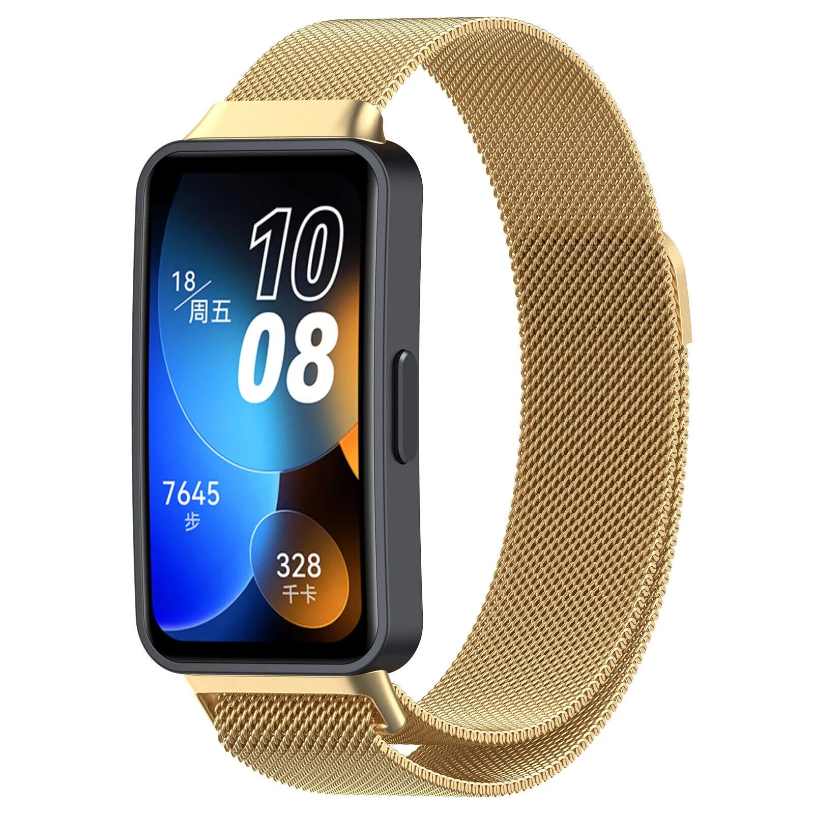 Milanese Strap, gold, on a watch, 3/4 front view