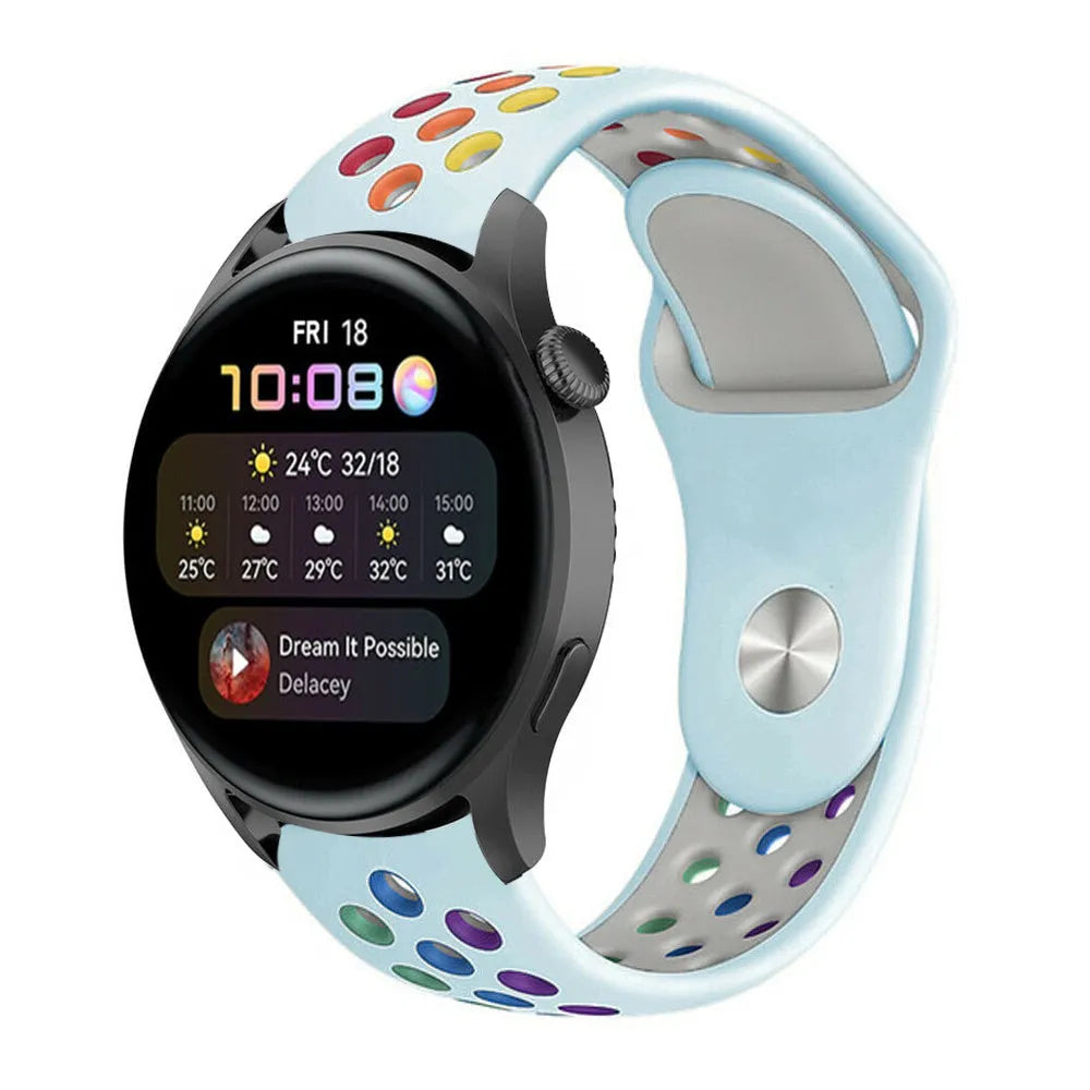 Silicone Sport Strap, light blue/colourful, on a watch, 3/4 front view