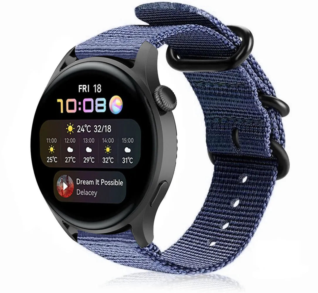 Nylon Buckle Strap, blue, on a watch, 3/4 front view