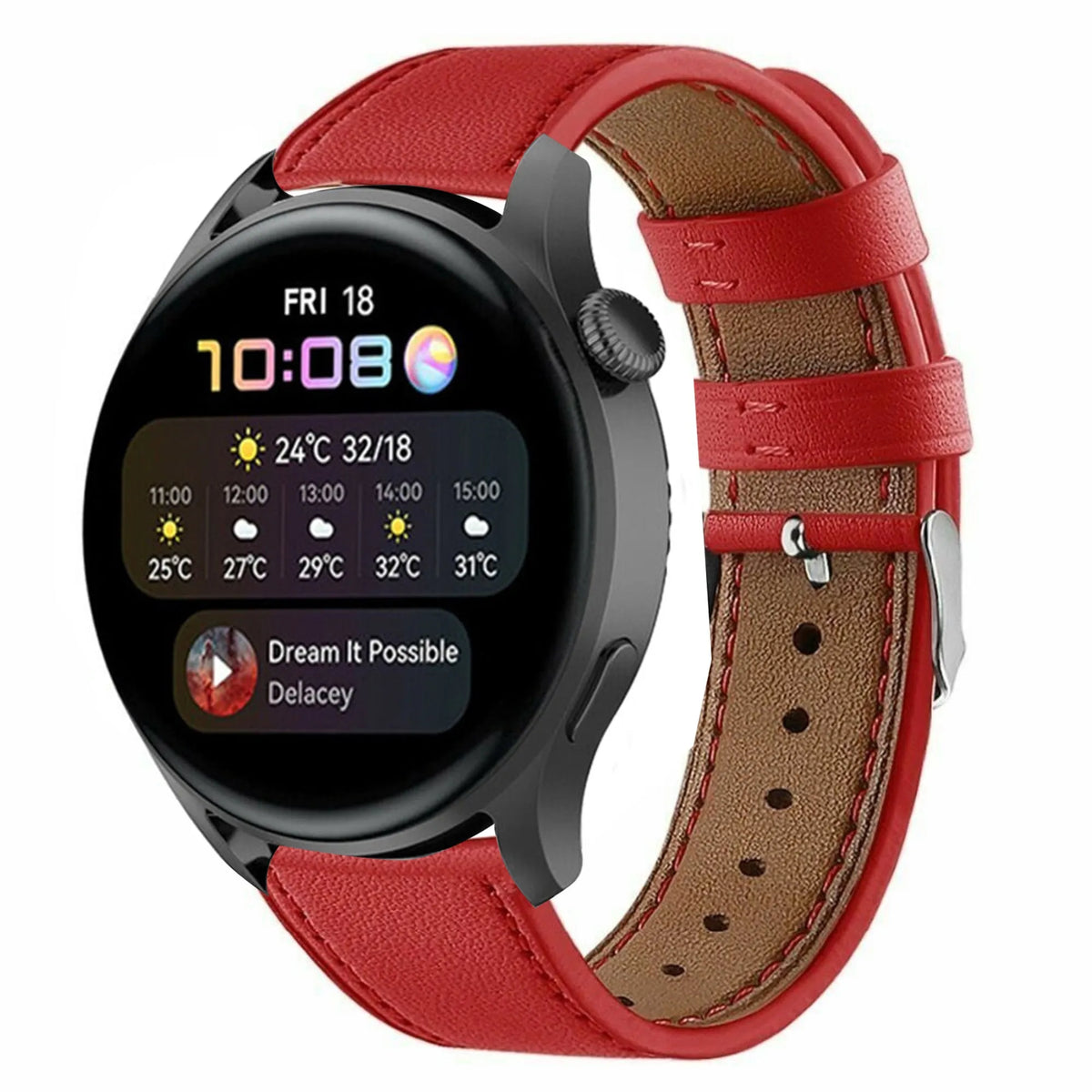 Modern Leather Strap, red, on a watch, 3/4 front view