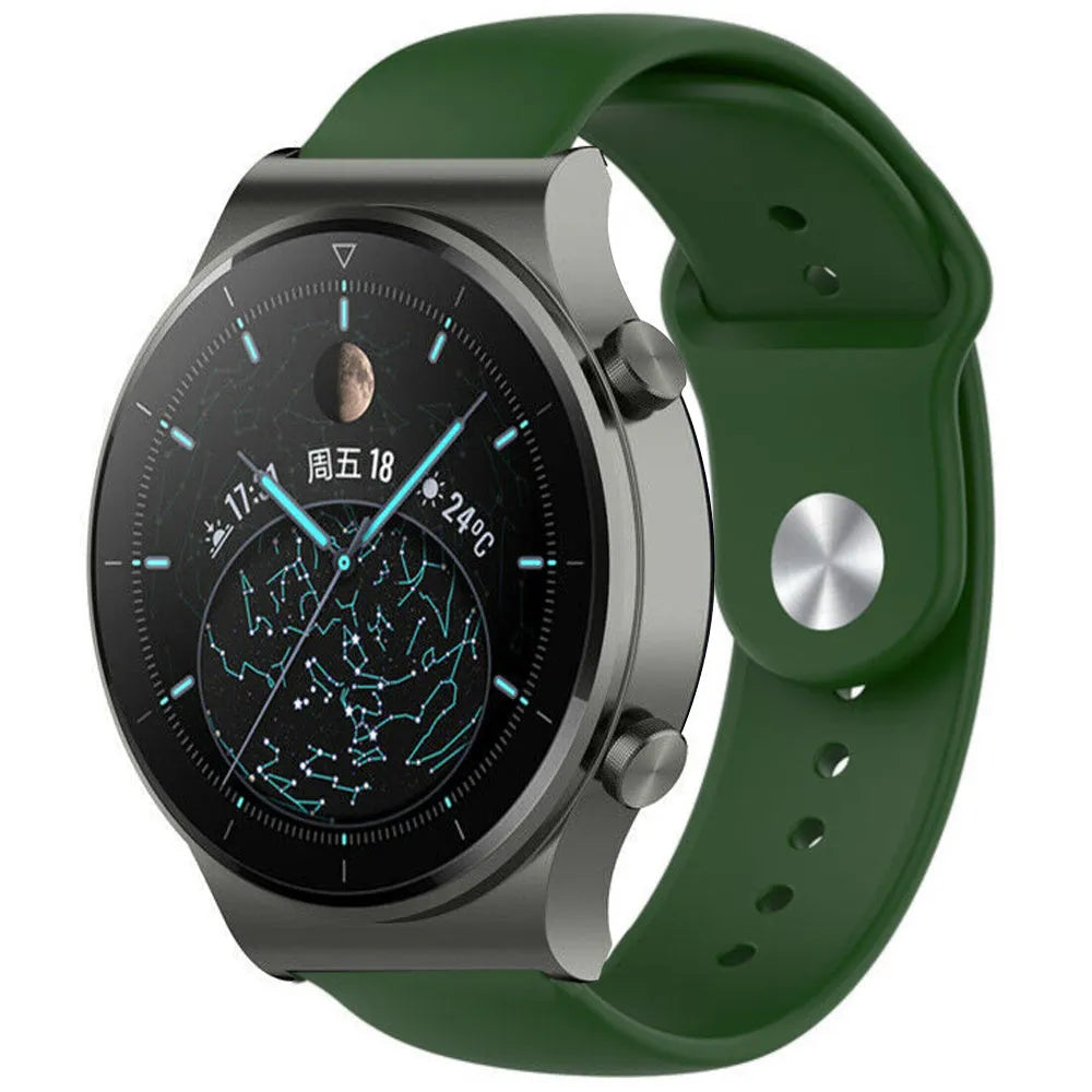 Silicone Sport Strap, army green, on a watch, 3/4 front view
