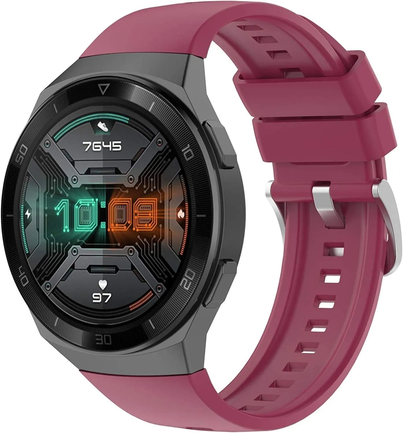 Silicone Strap, burgundy, on a watch, 3/4 front view