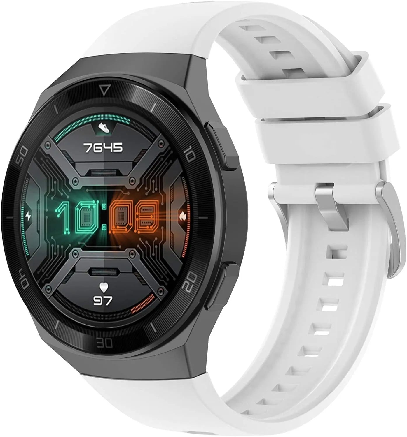 Silicone Strap, white, on a watch, 3/4 front view