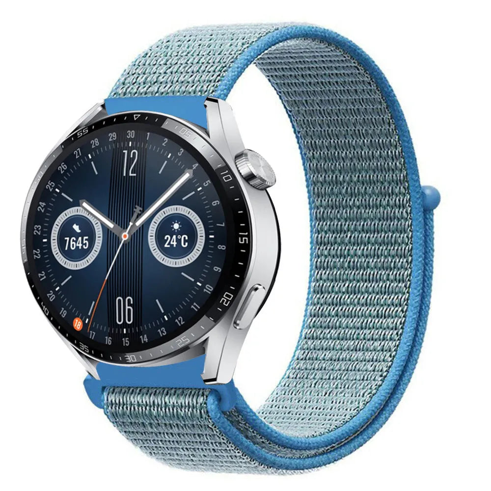 Nylon Strap, blue, on a watch, 3/4 front view