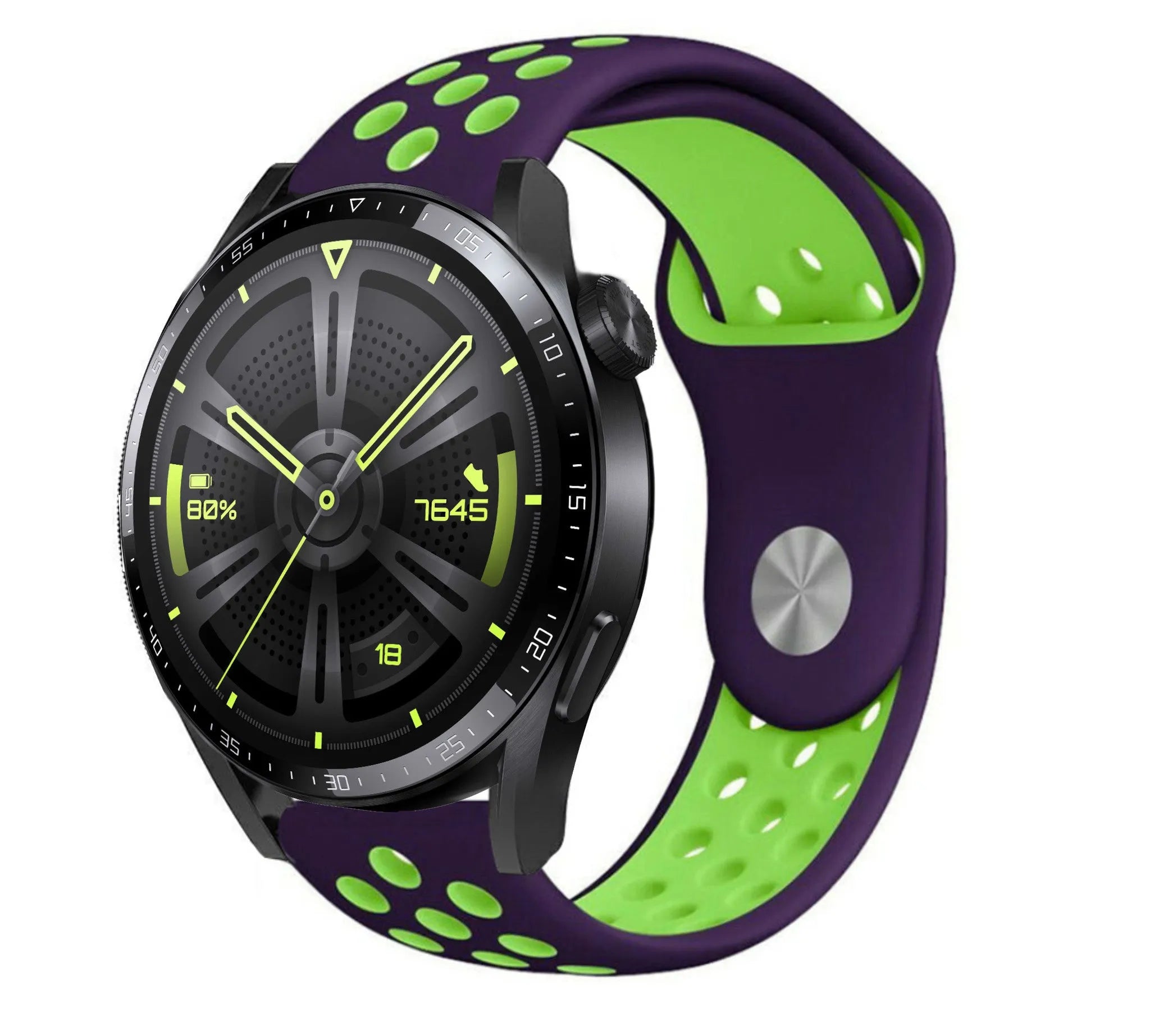 Silicone Sport Strap, purple/green, on a watch, 3/4 front view