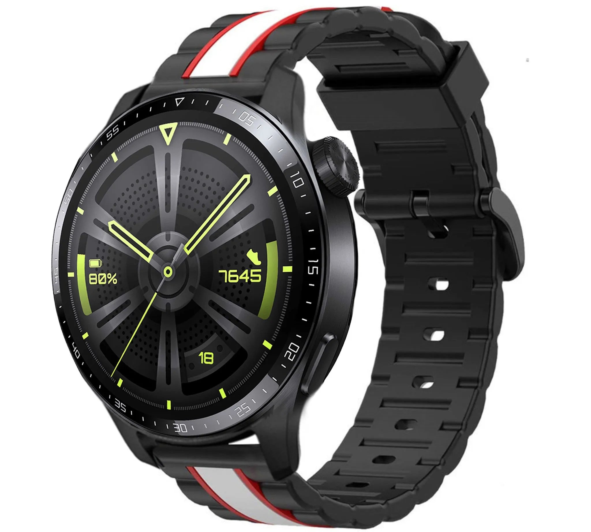 Silicone Special Edition Strap, black/white, on a watch, 3/4 front view