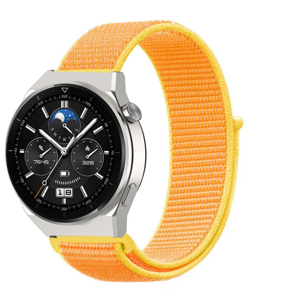 Nylon Strap, light yellow, on a watch, 3/4 front view