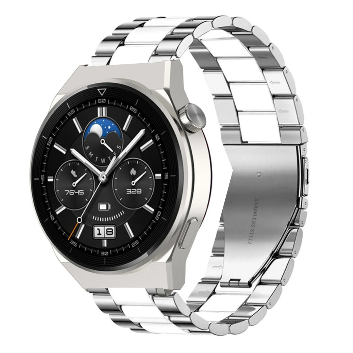 Steel Strap, silver/white, on a watch, 3/4 front view