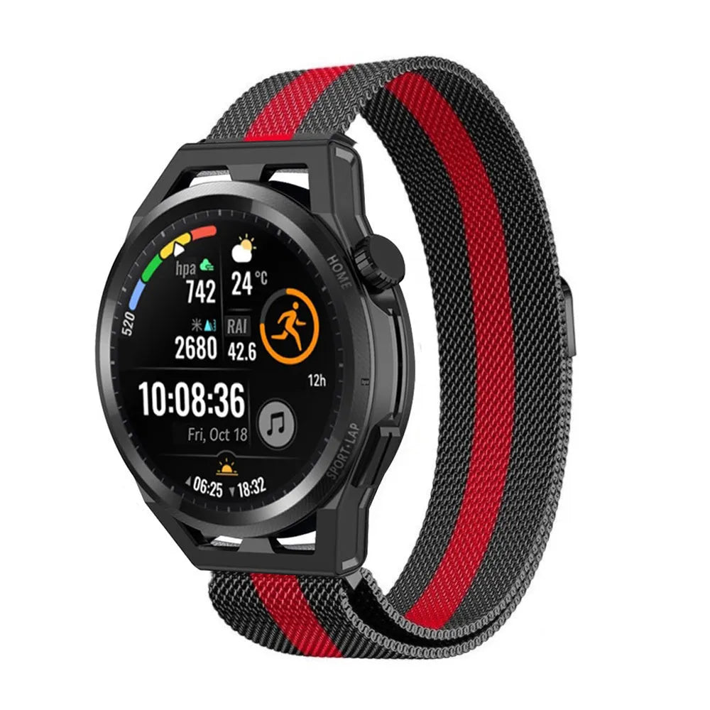 Milanese Strap, black/red, on a watch, 3/4 front view
