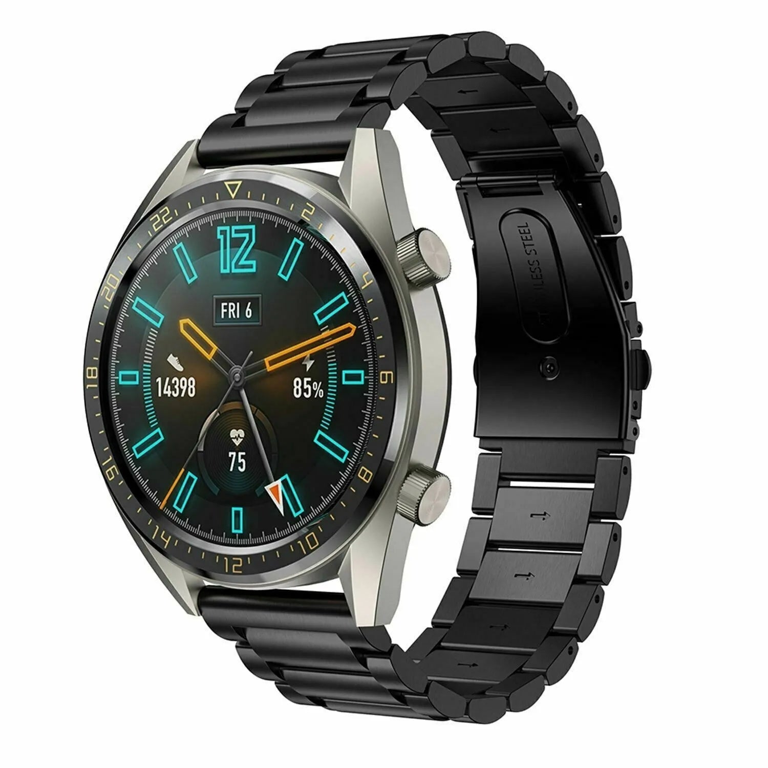 Steel Strap, black, on a watch, 3/4 front view