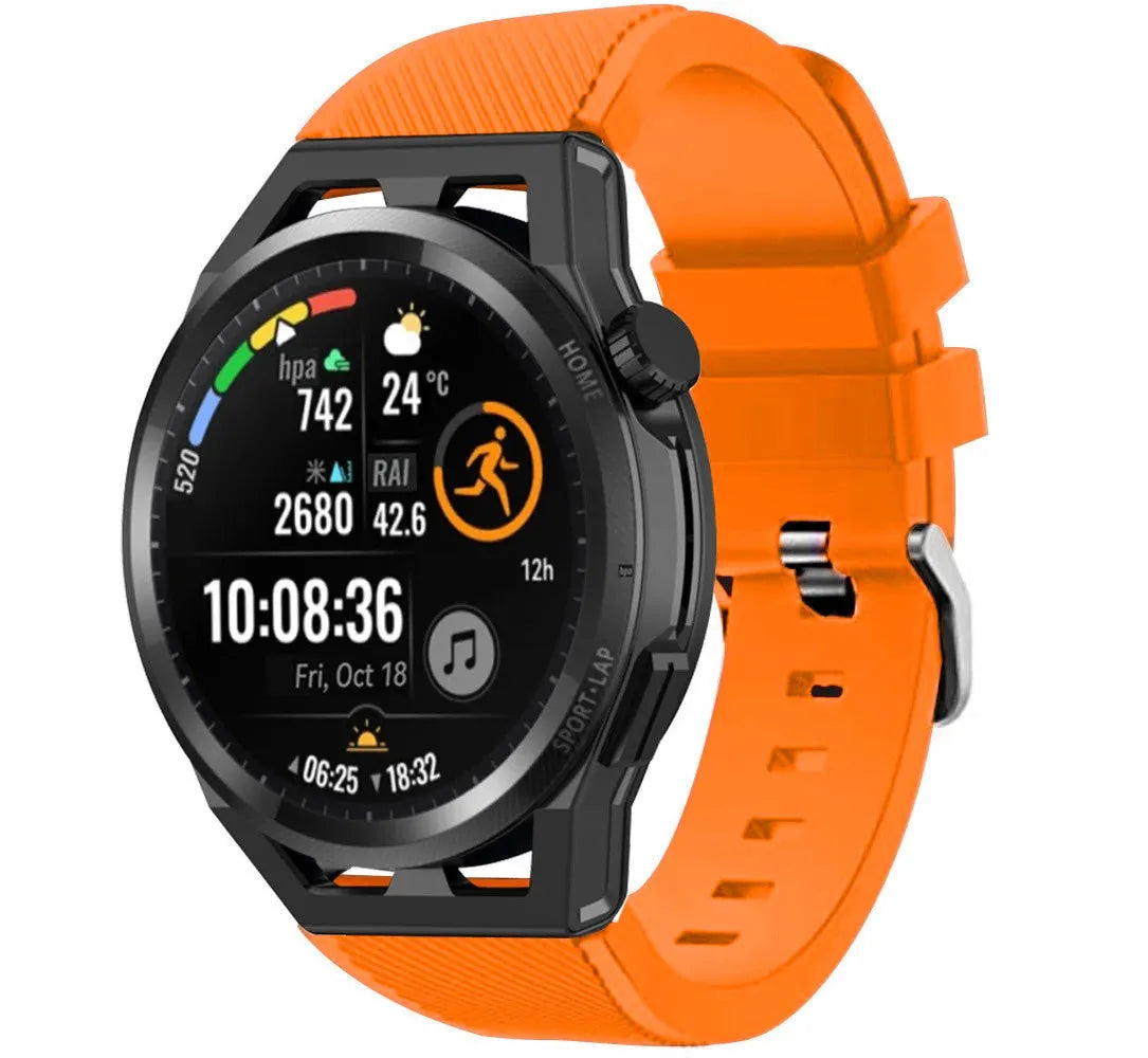 Twill Silicone Strap, orange, on a watch, 3/4 front view