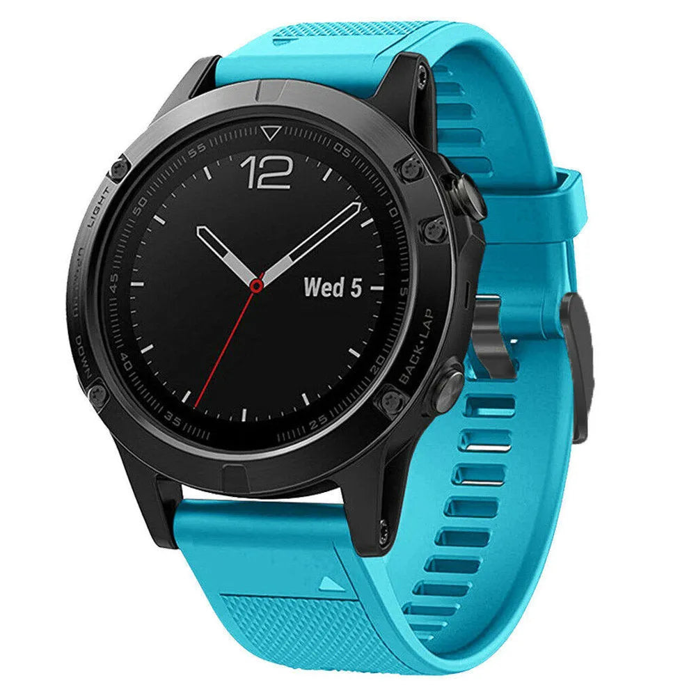 Silicone Strap, light blue, on a watch, 3/4 front view