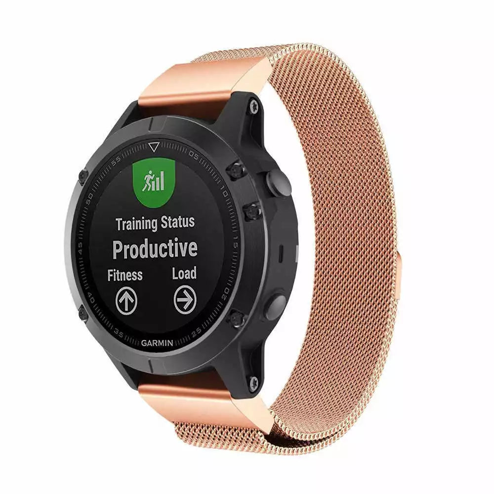 Milanese Strap, rose gold, on a watch, 3/4 front view