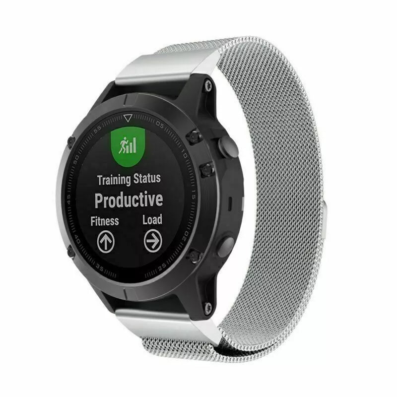 Milanese Strap, silver, on a watch, 3/4 front view