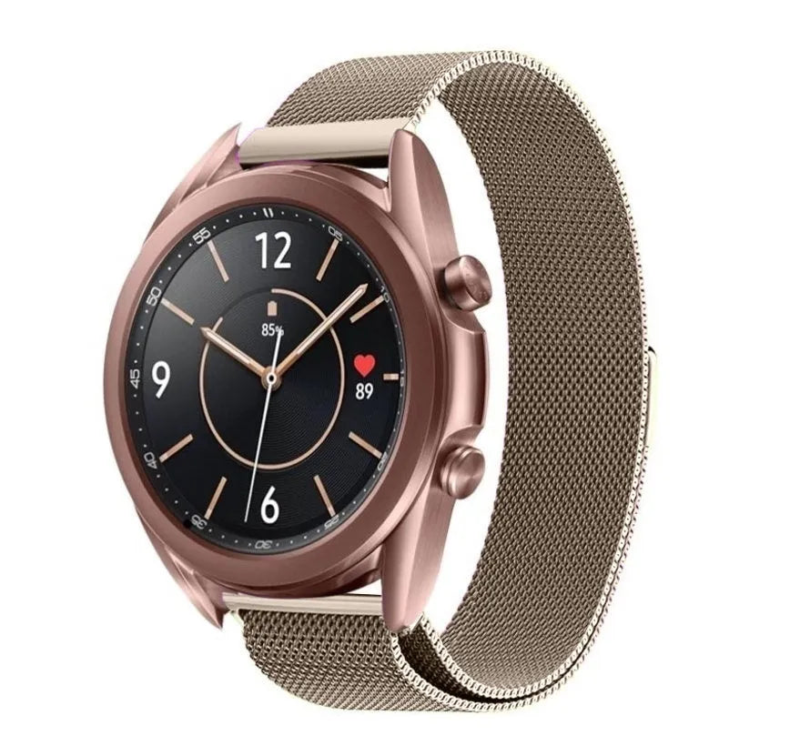 Milanese Strap, champagne, on a watch, 3/4 front view