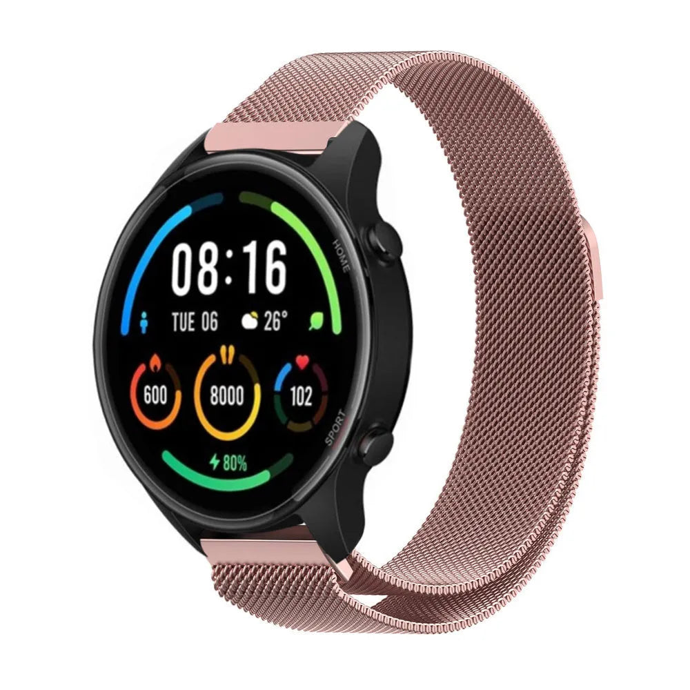 Milanese Strap, pink, on a watch, 3/4 front view
