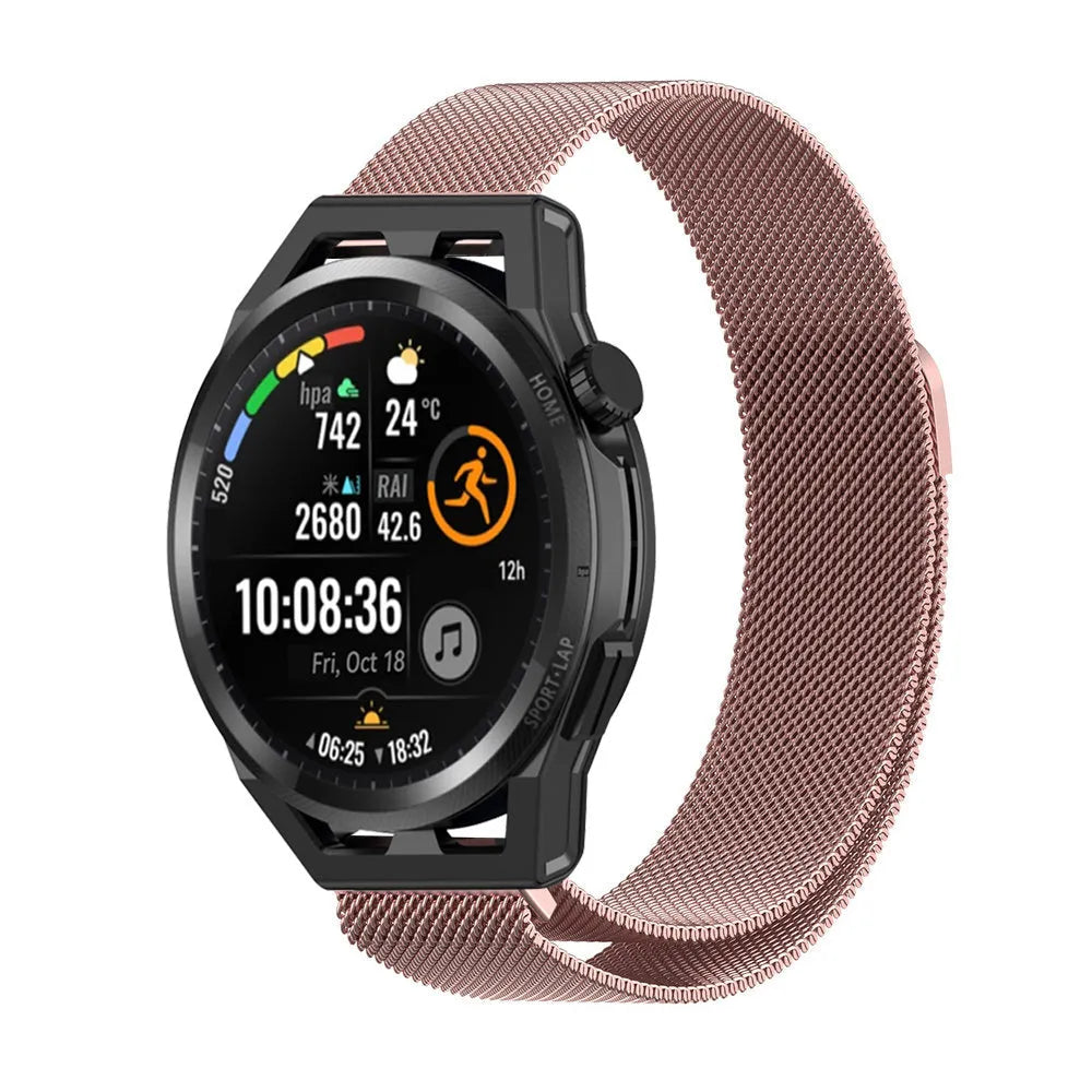 Milanese Strap, pink, on a watch, 3/4 front view