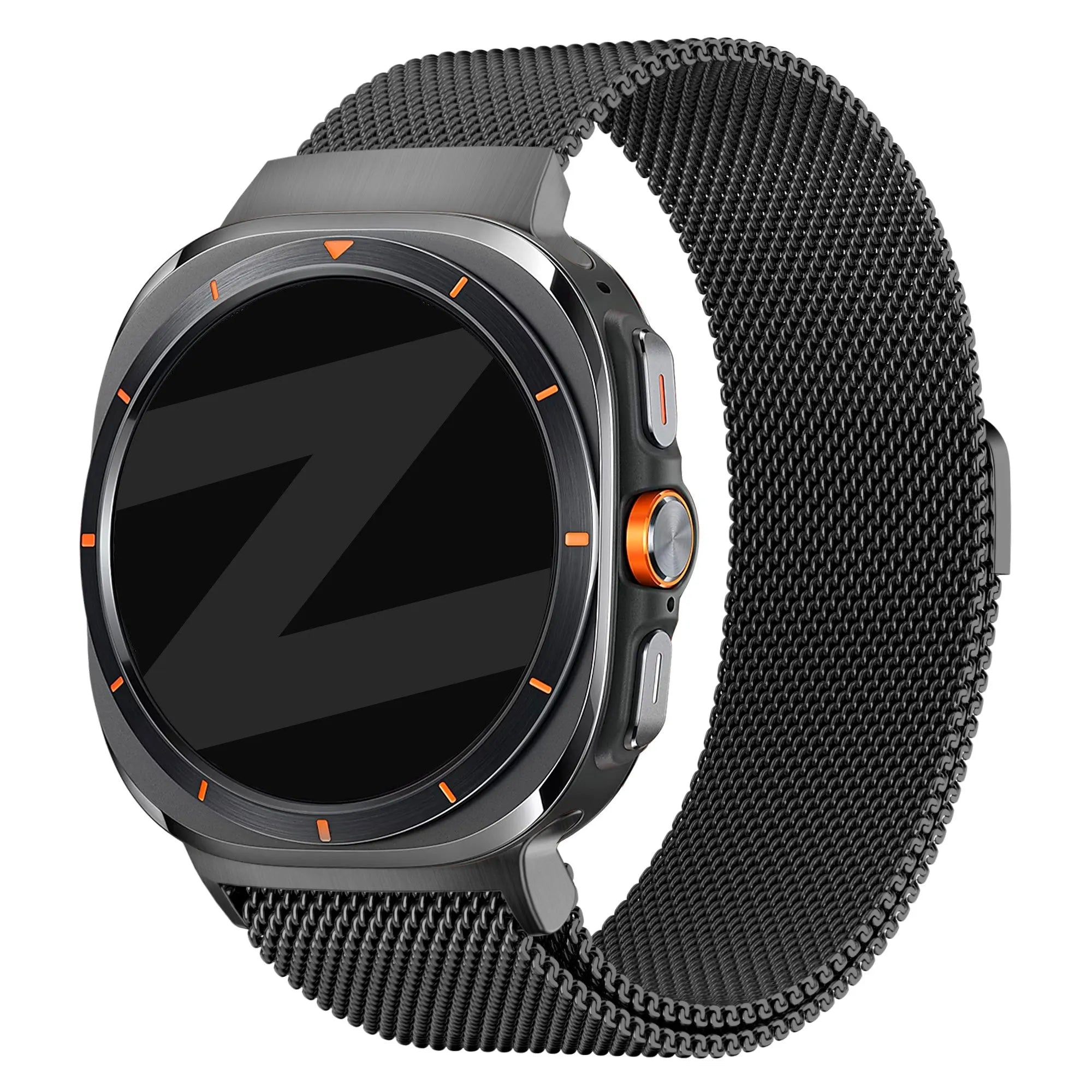 Milanese Loop Strap, black, on a watch, 3/4 front view