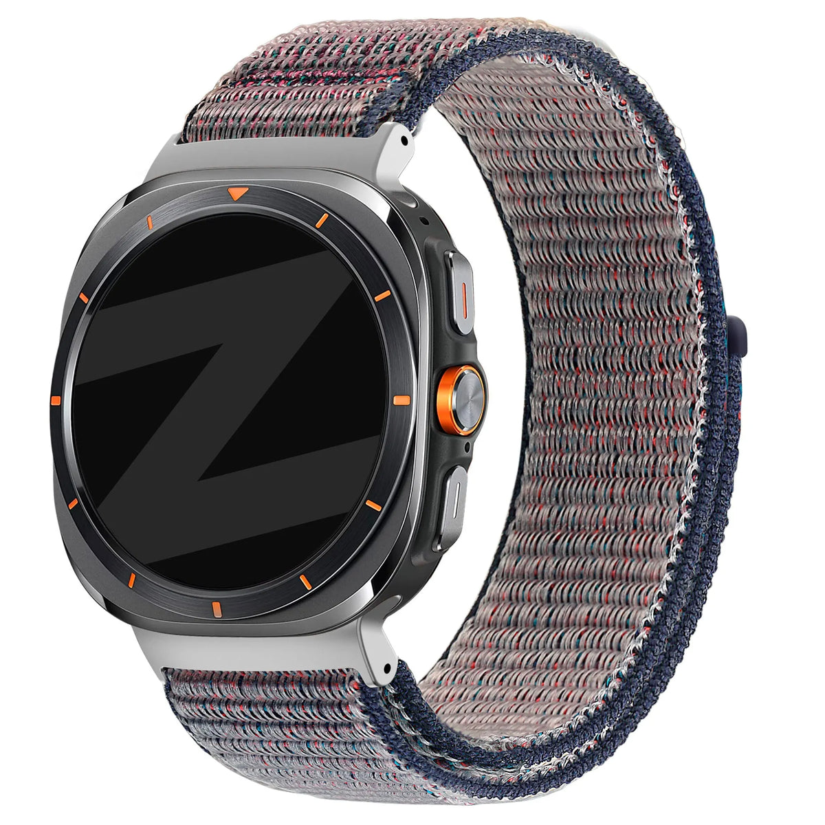 Nylon Loop Strap, dark blue, on a watch, 3/4 front view