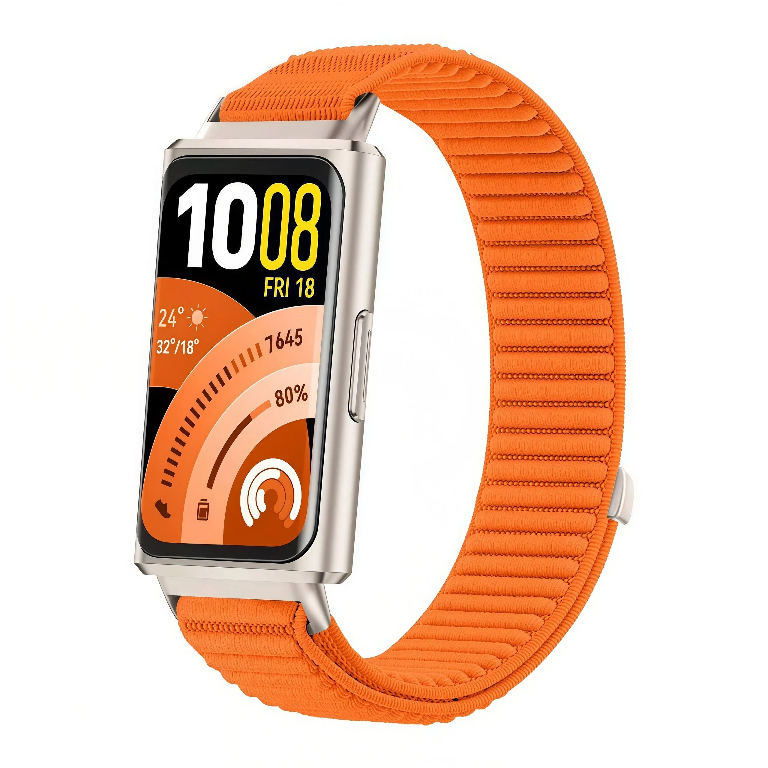 Wave Nylon Strap, orange, on a watch, 3/4 front view