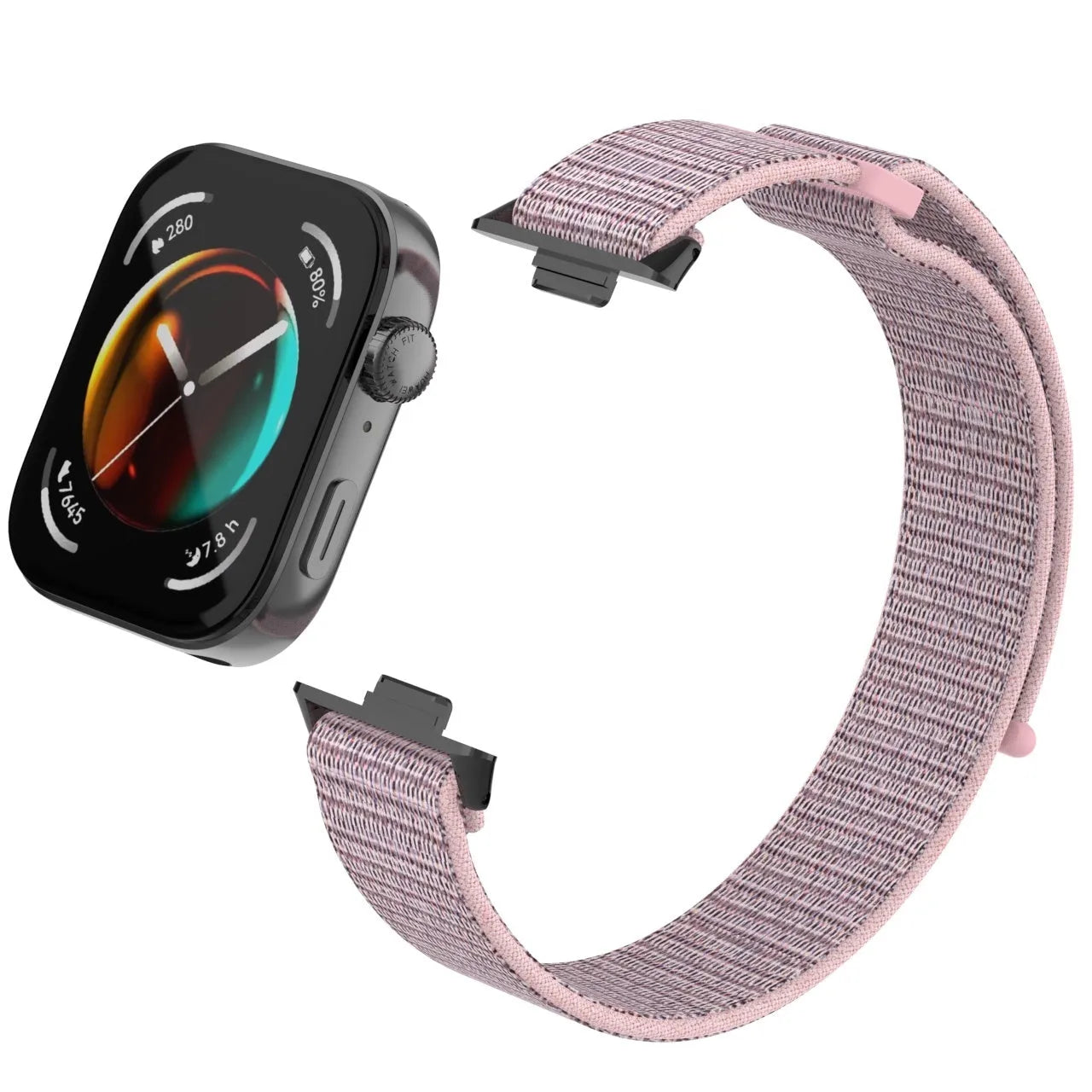 Nylon Strap, pink, on a watch, 3/4 front view