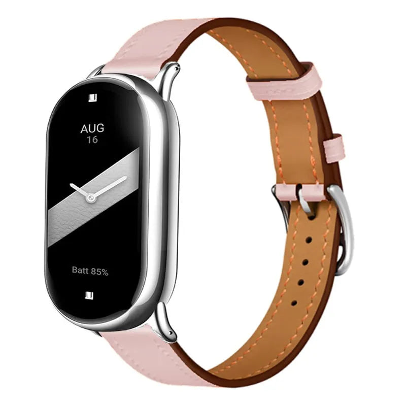 Real Leather Strap, pink, on a watch, 3/4 front view