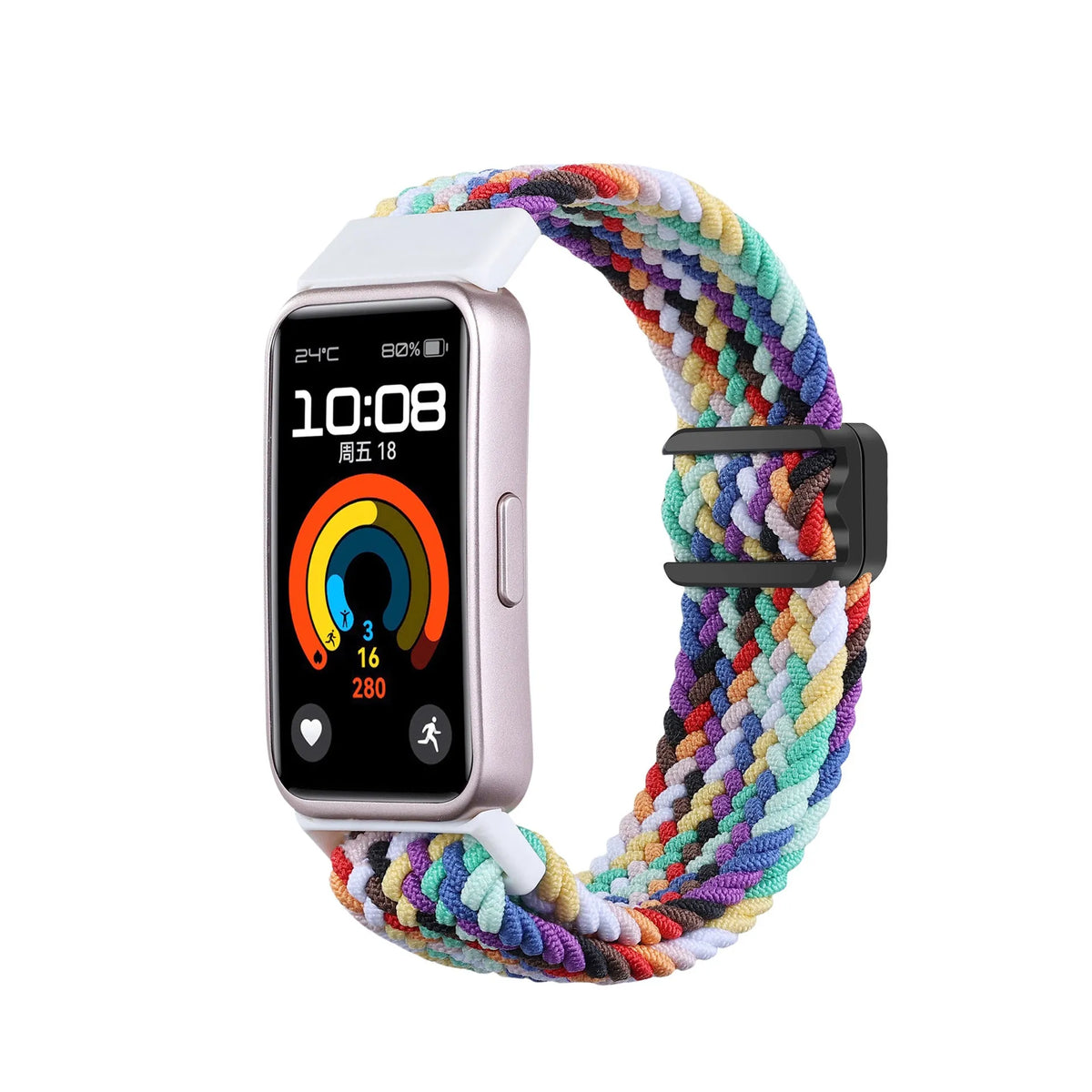 Nylon Adjustable Braided Strap, rainbow, on a watch, 3/4 front view