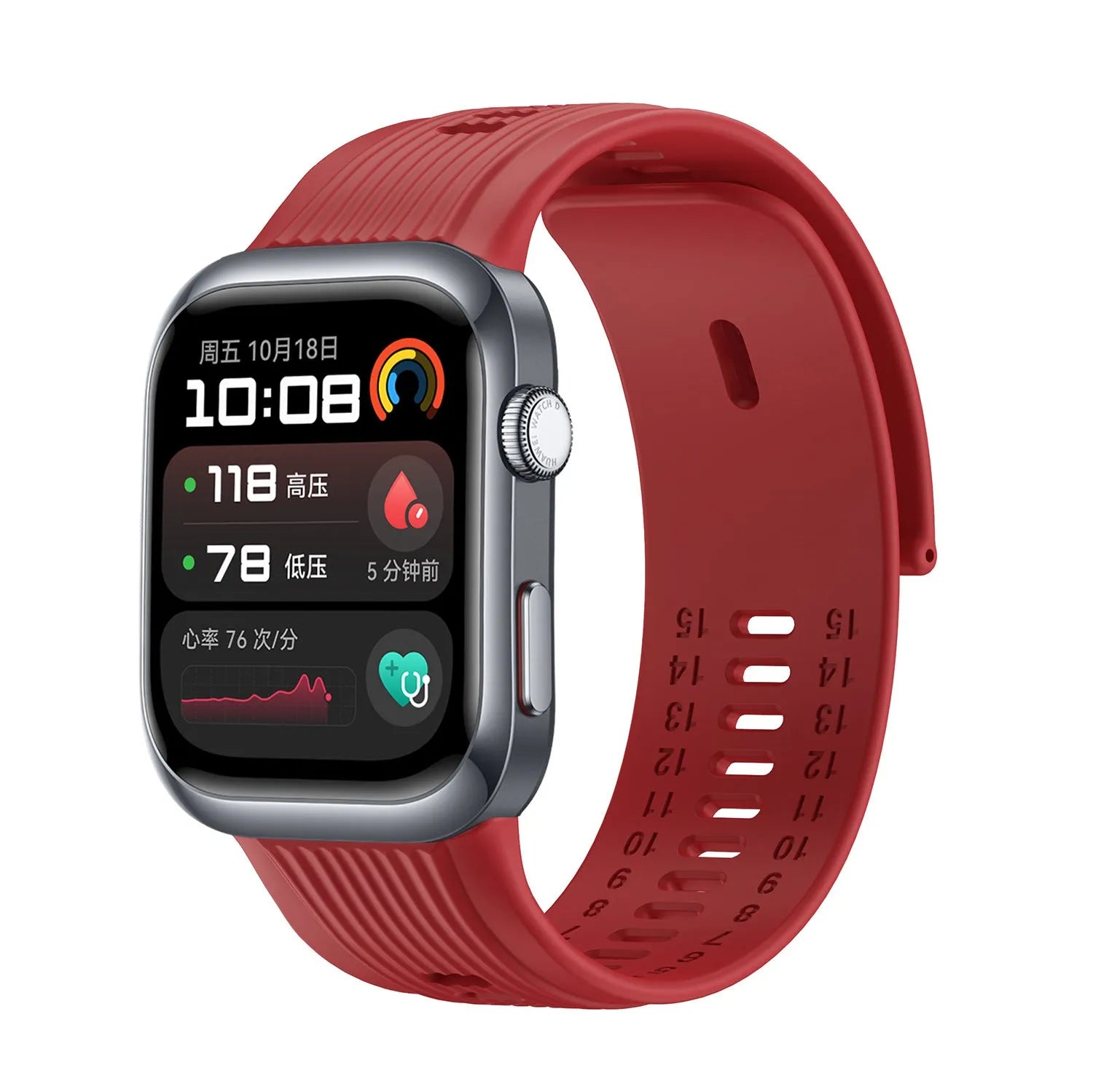 Silicone Strap, red, on a watch, 3/4 front view