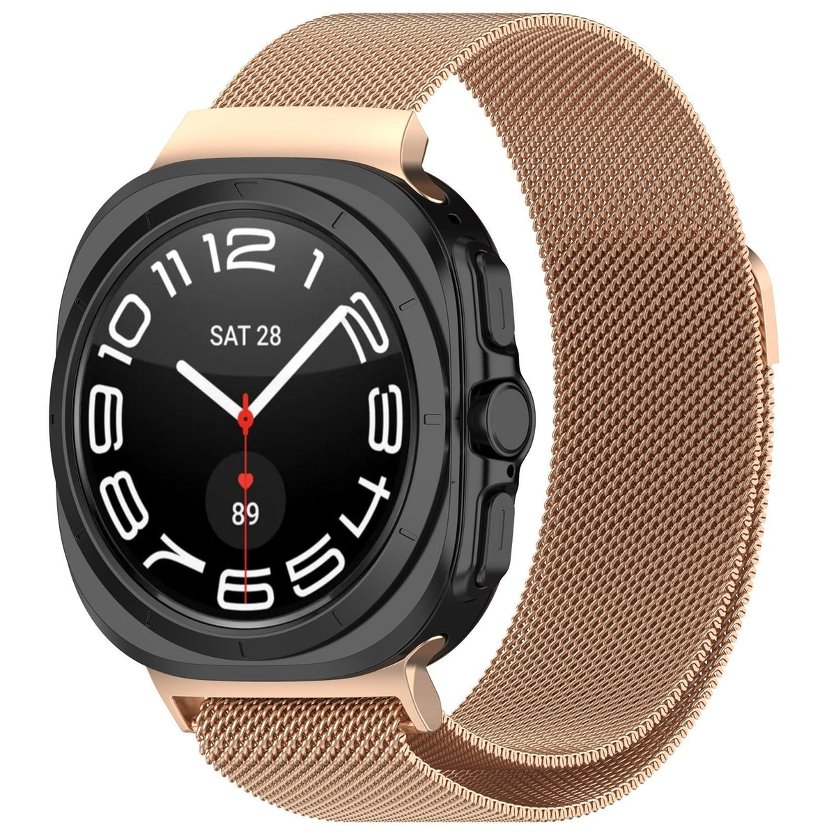 Milanese Strap, rose gold, on a watch, 3/4 front view