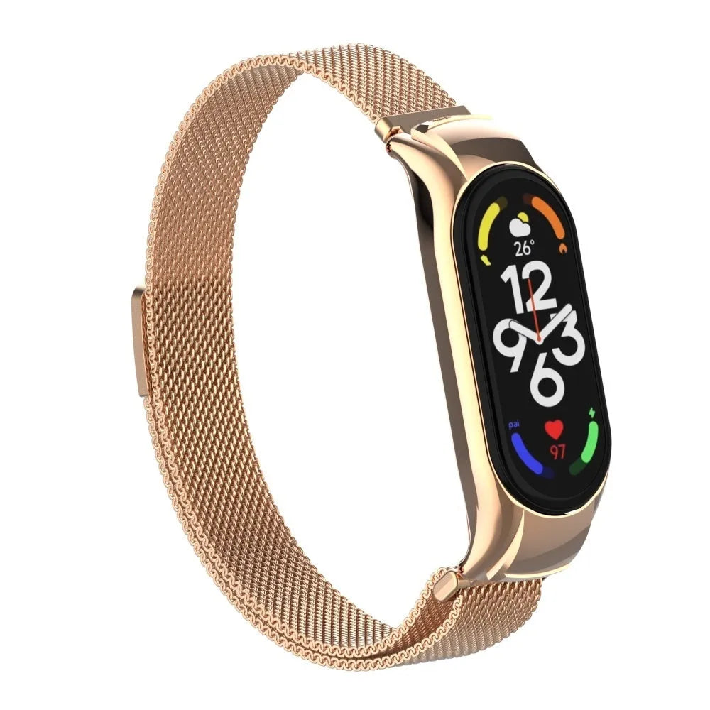 Milanese Strap, rose gold, on a watch, 3/4 front view