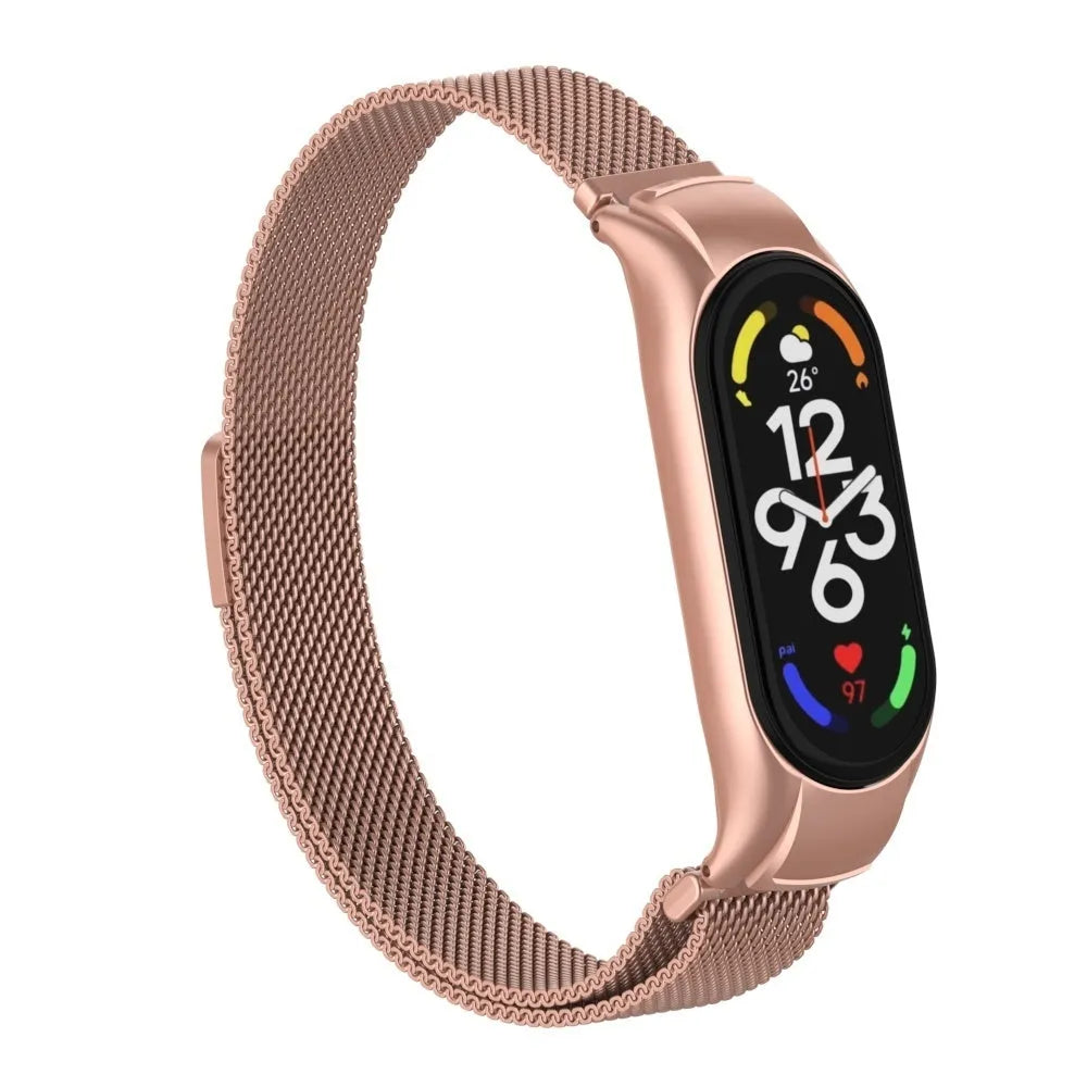 Milanese Strap, pink, on a watch, 3/4 front view