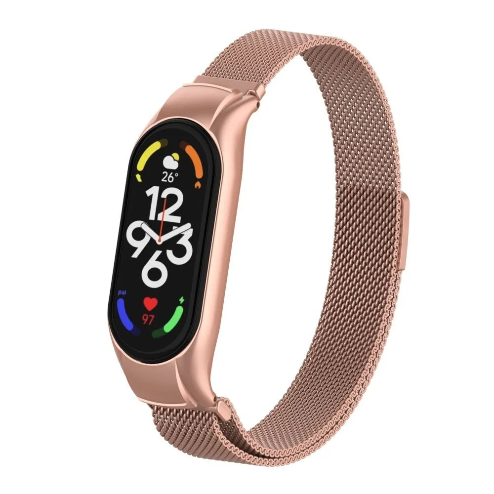 Milanese Strap, pink, on a watch, 3/4 front view