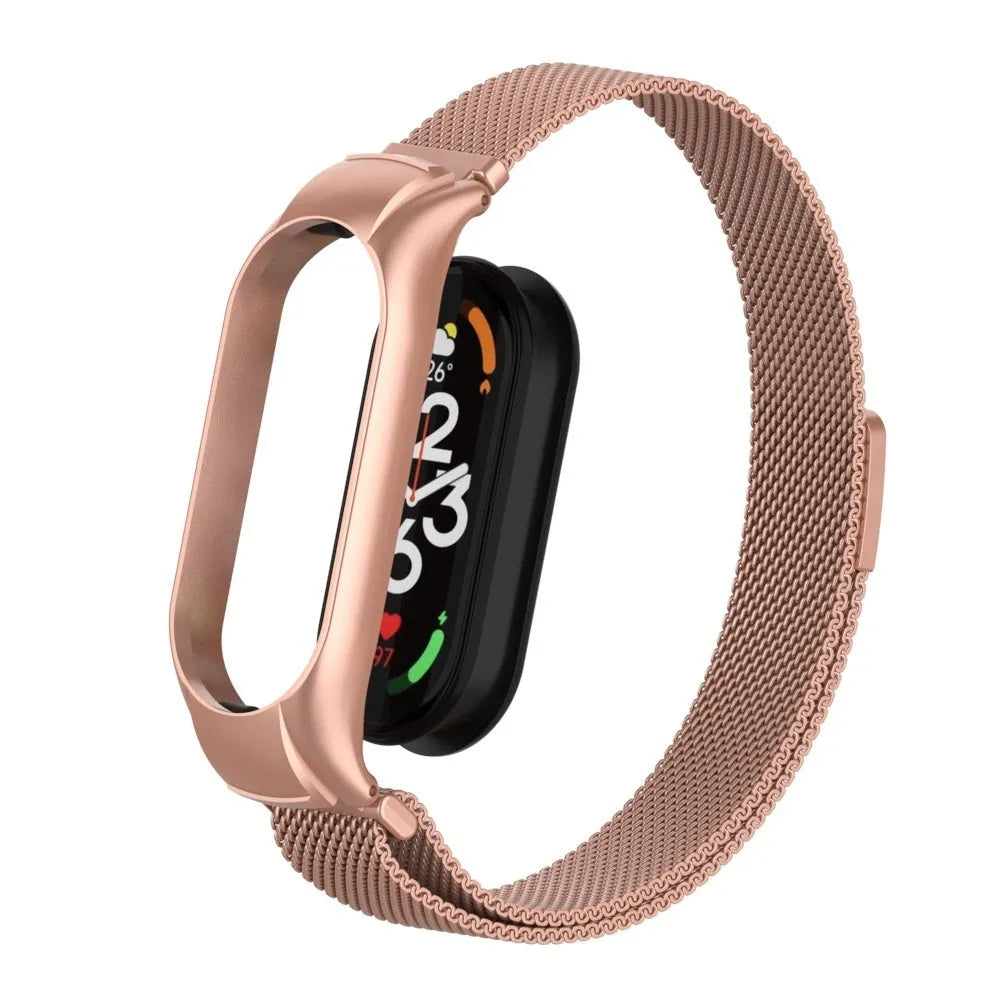 Milanese Strap, pink, on a watch, 3/4 front view