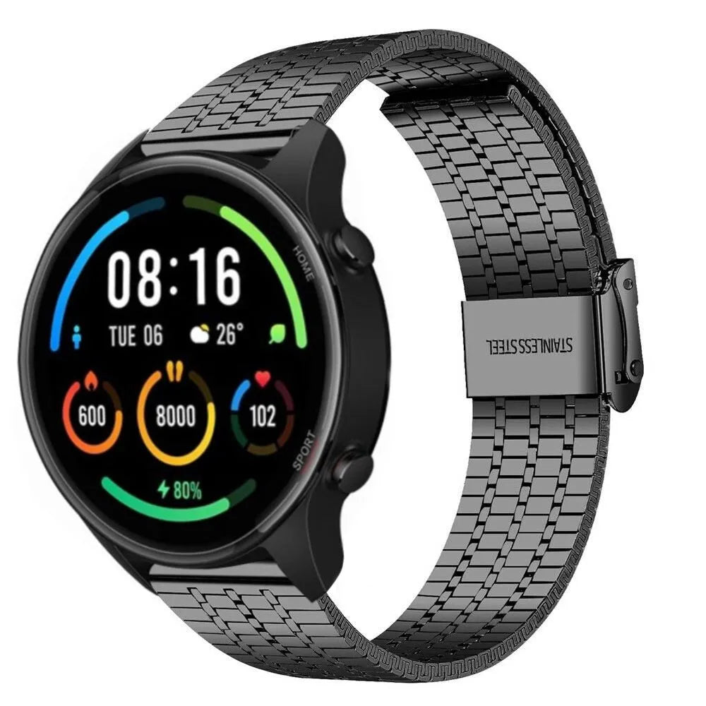 Fine Steel Strap, black, on a watch, 3/4 front view
