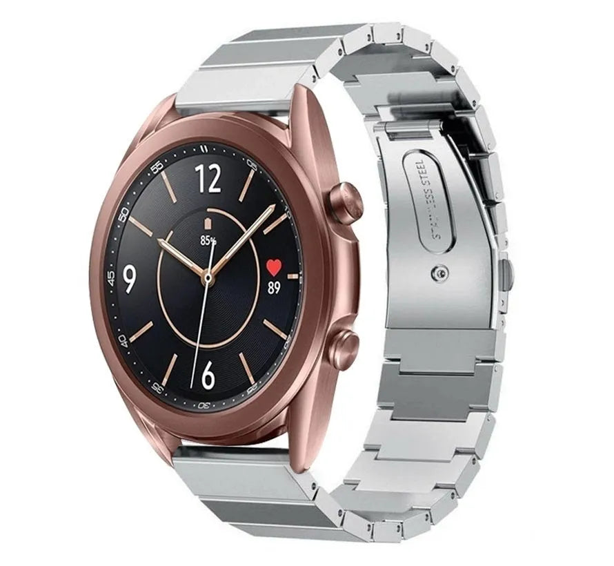 Premium Metal Strap, silver, on a watch, 3/4 front view