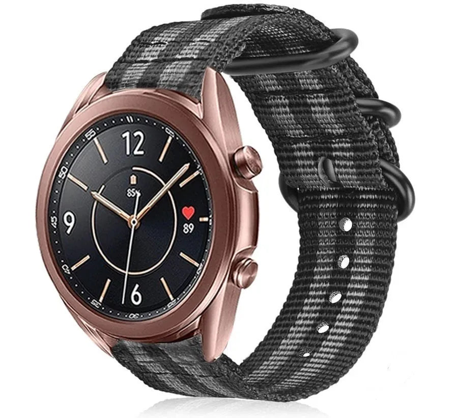 Nylon Buckle Strap, black/grey, on a watch, 3/4 front view