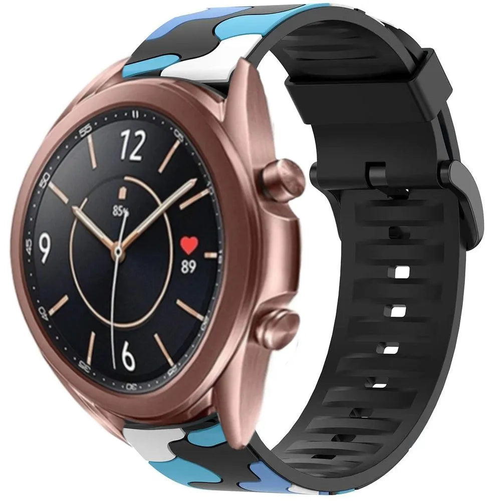 Silicone Camo Strap, blue, on a watch, 3/4 front view