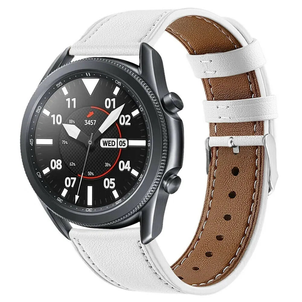 Modern Leather Strap, white, on a watch, 3/4 front view