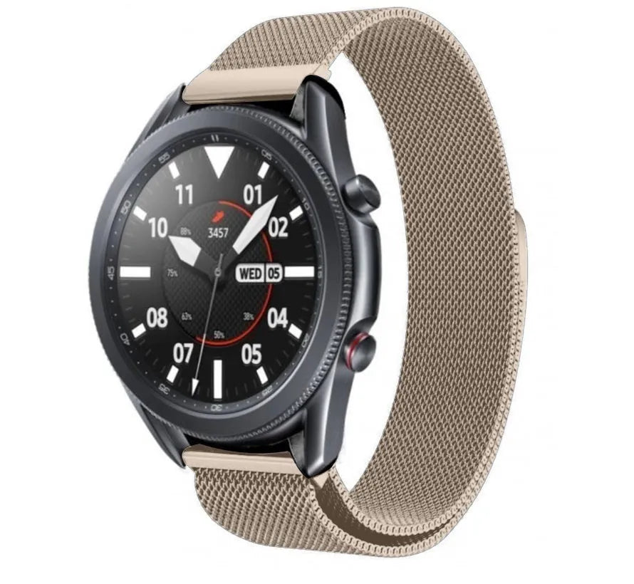 Milanese Strap, champagne, on a watch, 3/4 front view